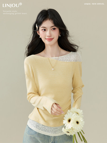 Model wearing a pale yellow off-shoulder knit top with lace trim over a lace underlayer