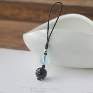 天然海蓝宝黑曜石搭配s925银珠喜补水手机链圆珠水晶手机挂件包挂