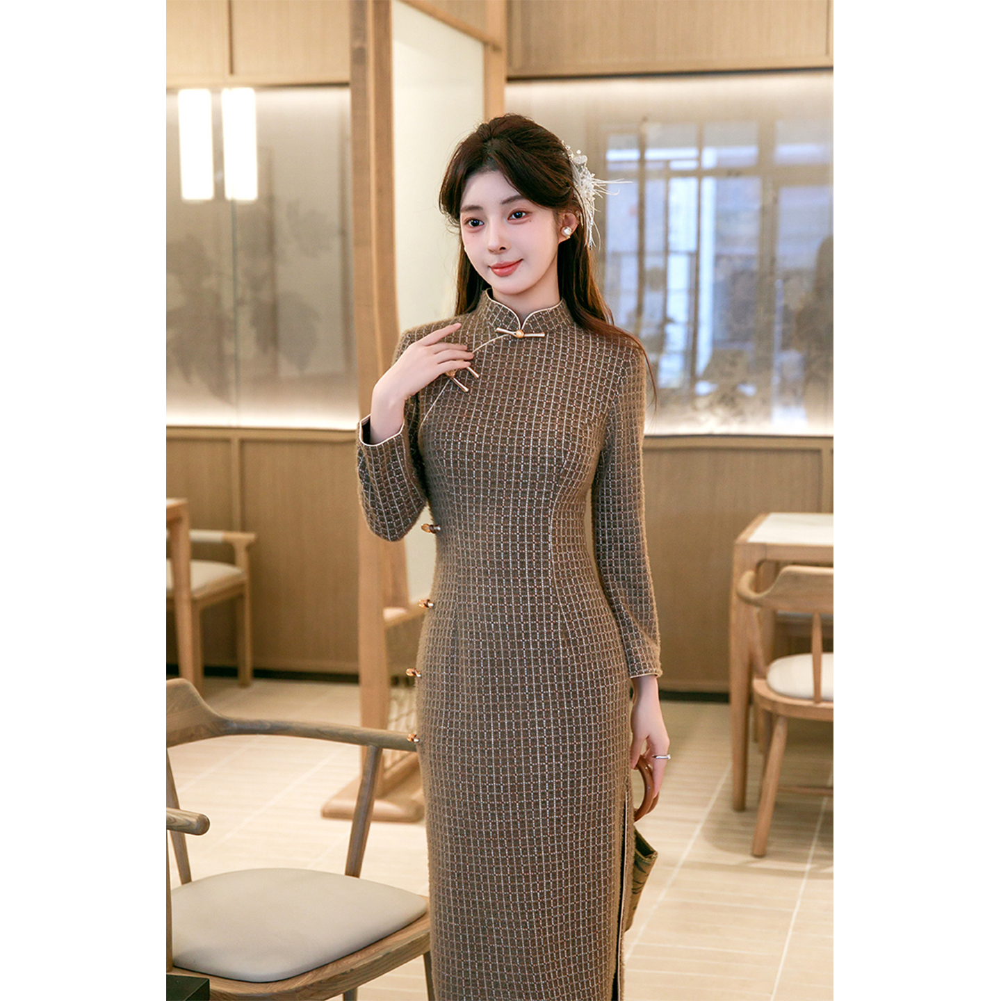 水貂绒中国风新中式长袖旗袍