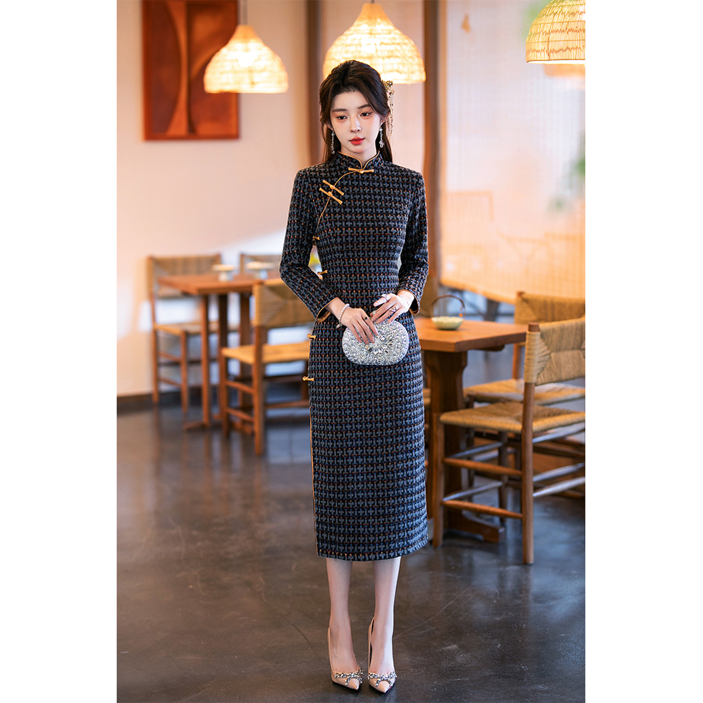 黑色复古旗袍女新款秋冬