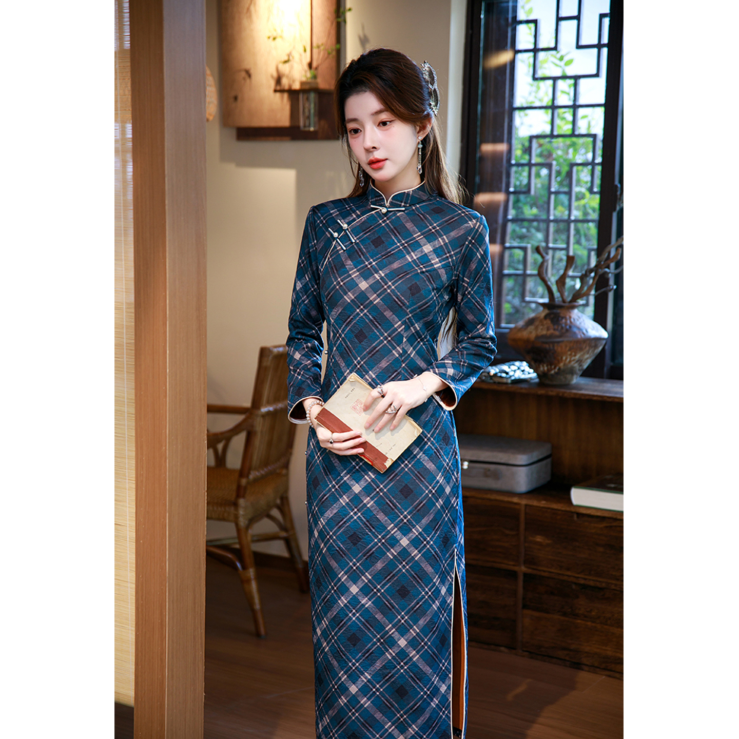 格子加绒加厚学生冬装国风新中式