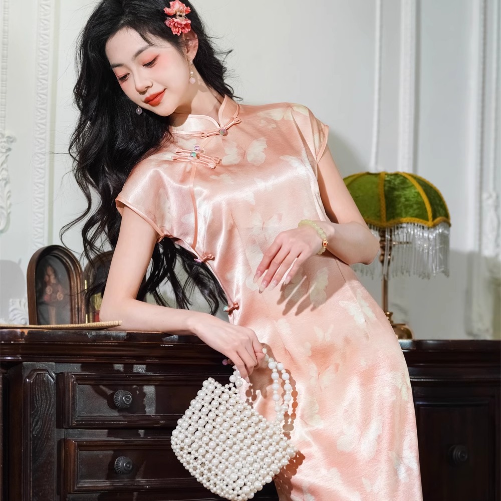 高档流光缎旗袍夏季2025新款复古改良中式国风连衣裙气质优雅长款