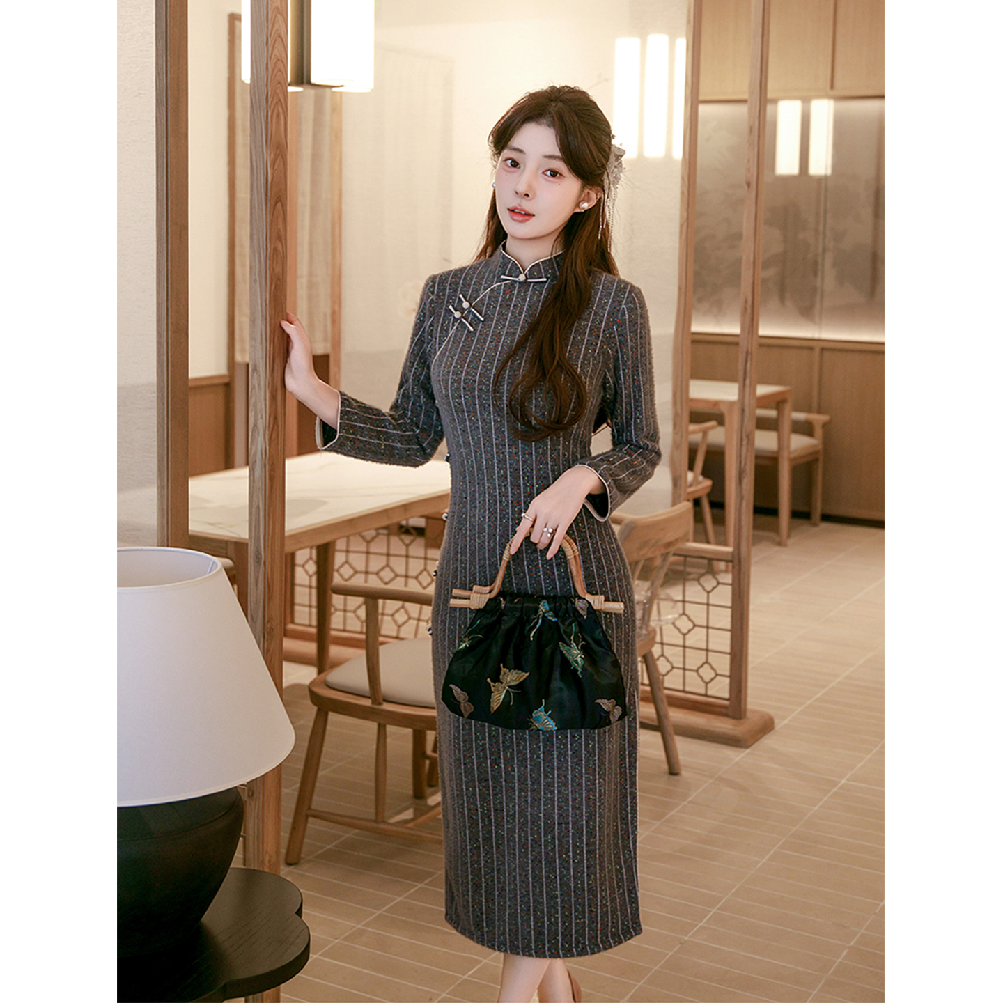 文艺复古长款条纹旗袍秋冬加绒