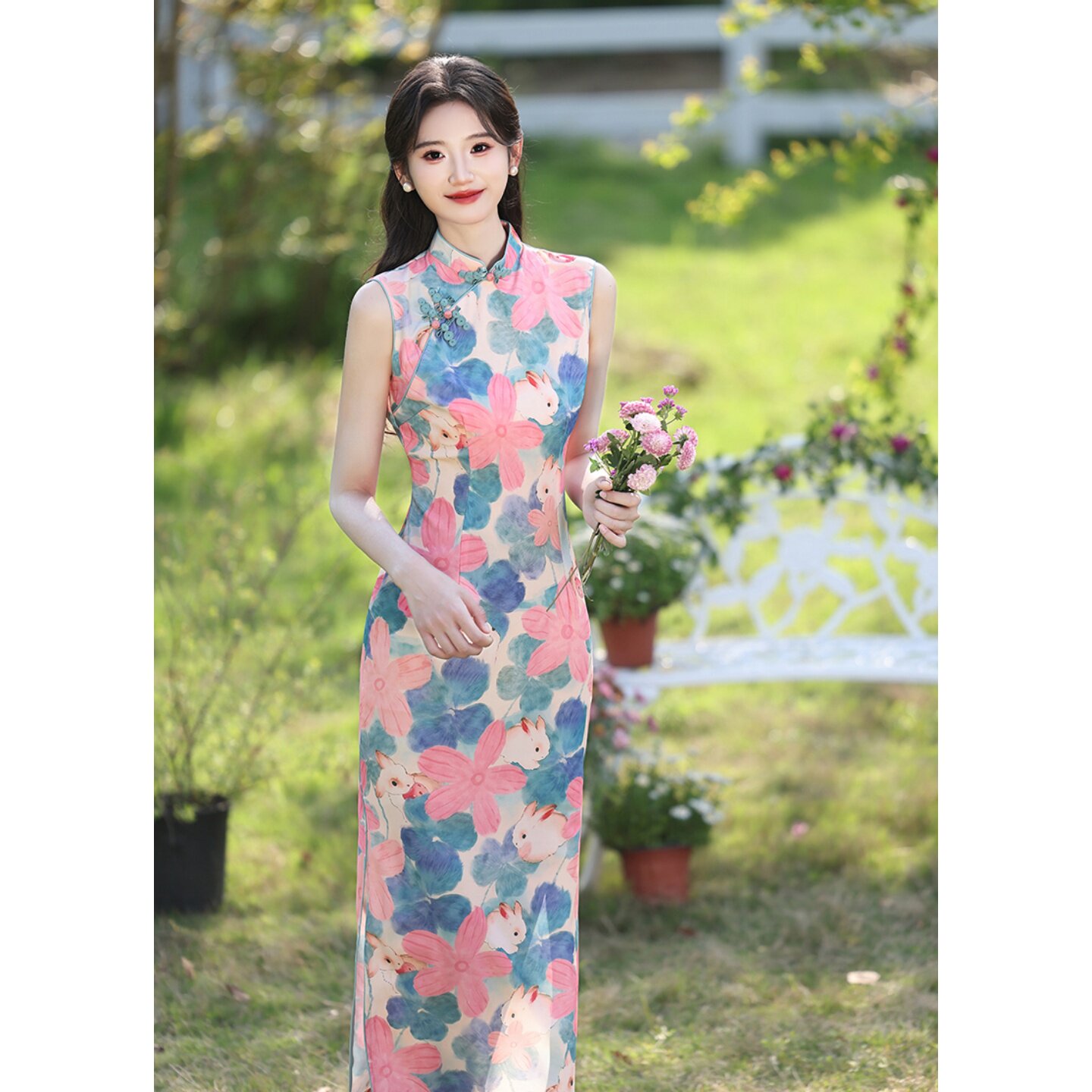 新中式兔子花卉印花旗袍女夏改良复古国风少女日常可穿修身连衣裙