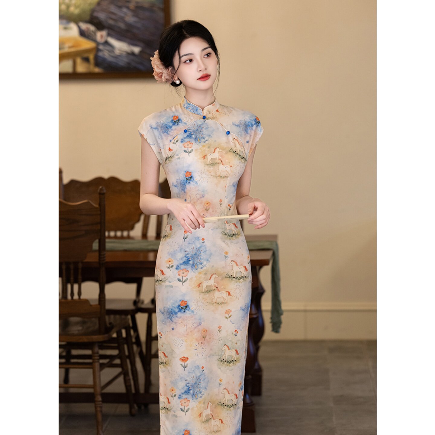 新中式改良旗袍女年轻款绝美花卉印花短袖端庄气质国风无袖连衣裙