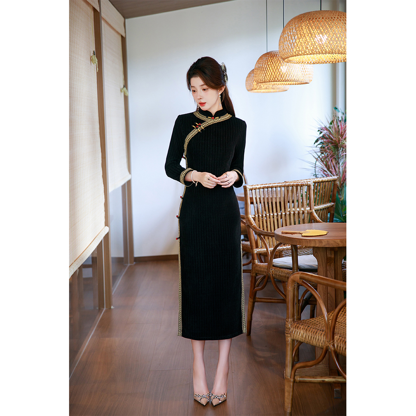 黑色复古旗袍女新款秋冬