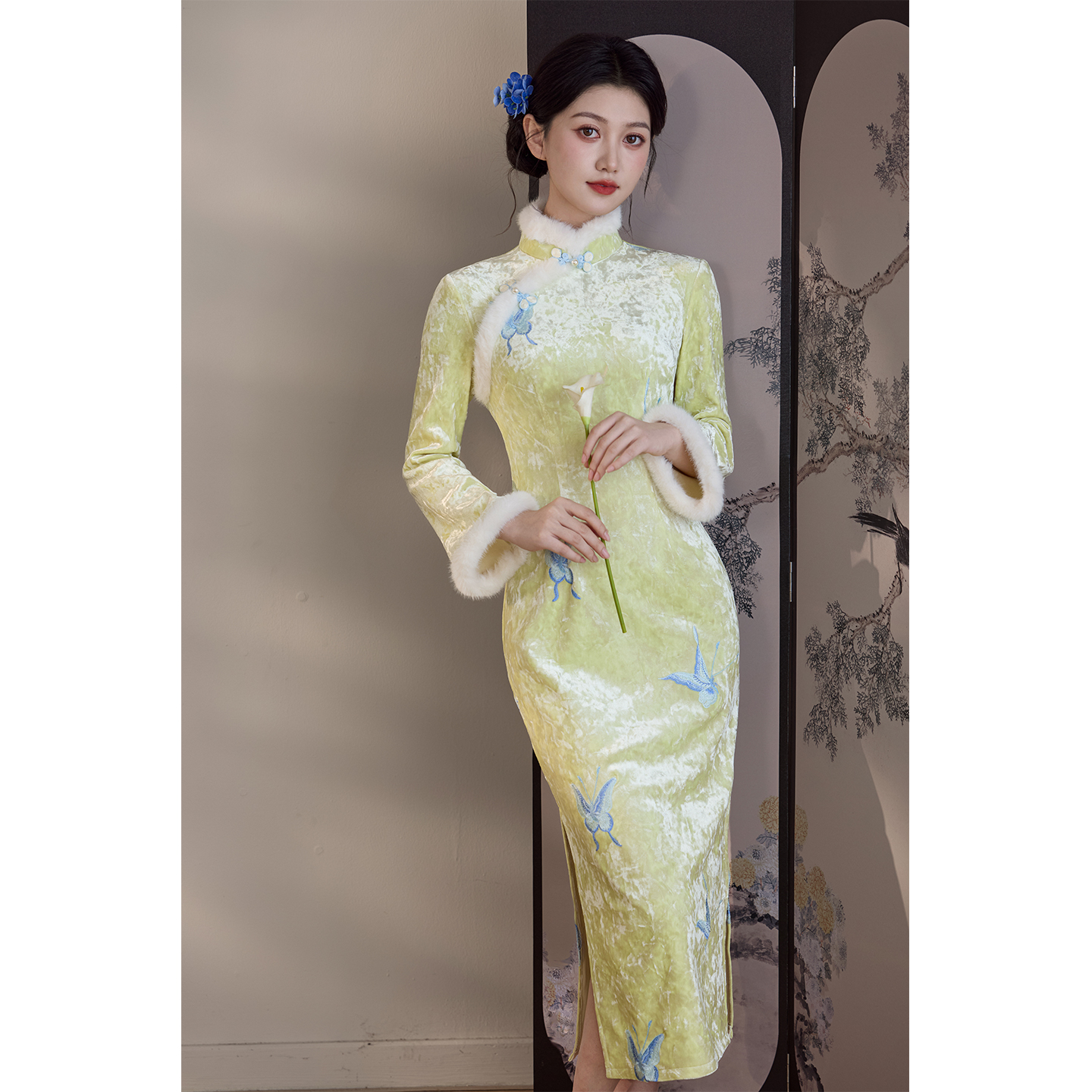 绿色冬季复古可以上班穿的旗袍女