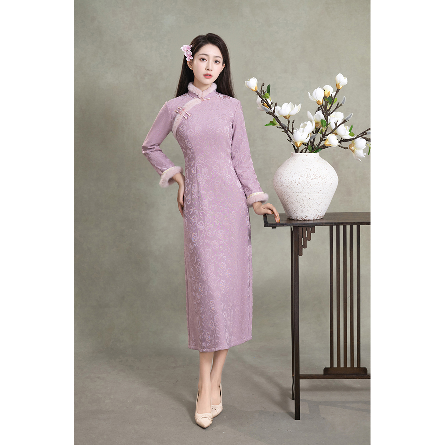 粉色加厚加绒新中式长款旗袍