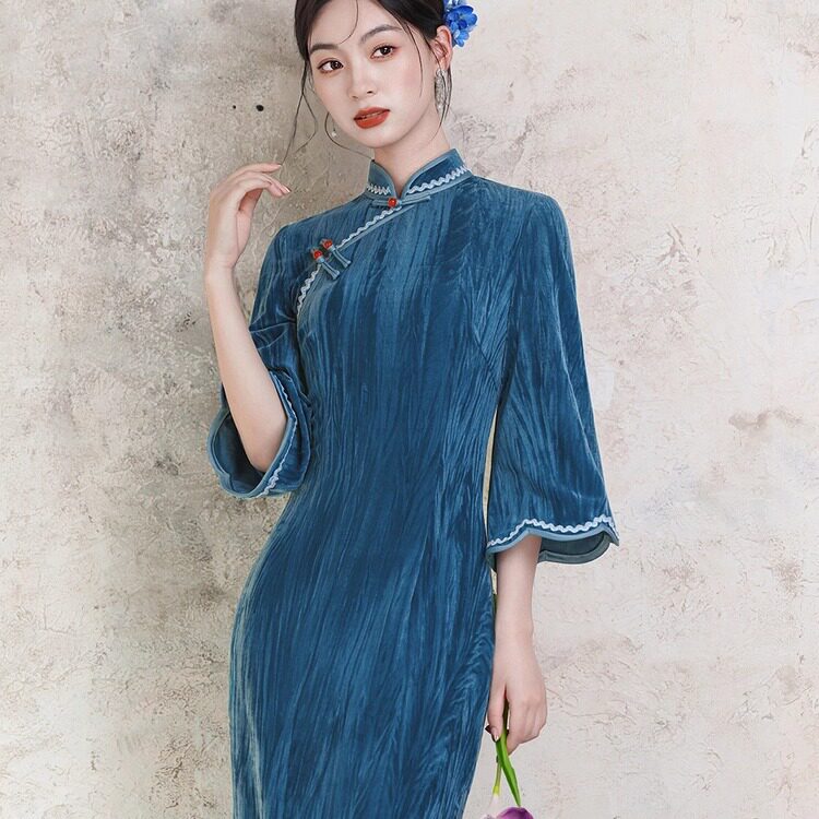 高端 旗袍|气质款弹力丝绒蓝色长款秋冬年轻款上海改良日常旗袍裙