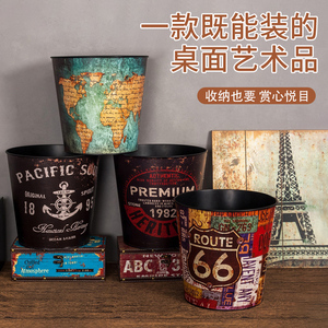 复古铁艺桌面垃圾桶美式工业风铁皮收纳桶家用创意台面桌上小铁桶