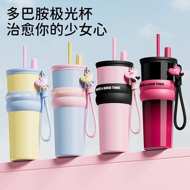 进口保温杯大容量女生高颜值不锈钢水杯男巨无霸车载学生吸管杯子