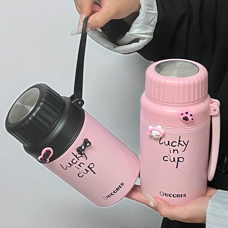 进口家用高颜值大容量保温杯不锈钢泡茶杯便携提手杯子保温壶