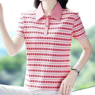 宽松有领上衣 2025新中式 条纹翻领短袖 T恤女夏时尚 百搭休闲polo衫