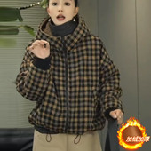 加绒加厚格子棉服外套女2025秋冬新款 洋气百搭休闲连帽拉链上衣潮