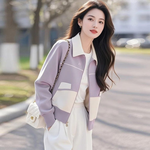 小香风撞色短外套女拉链开衫衣服