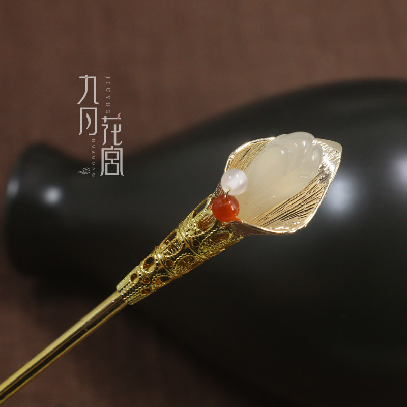 古风古代发簪流苏白玛瑙簪子 宫廷汉服步摇盘发头饰 古典古装发饰