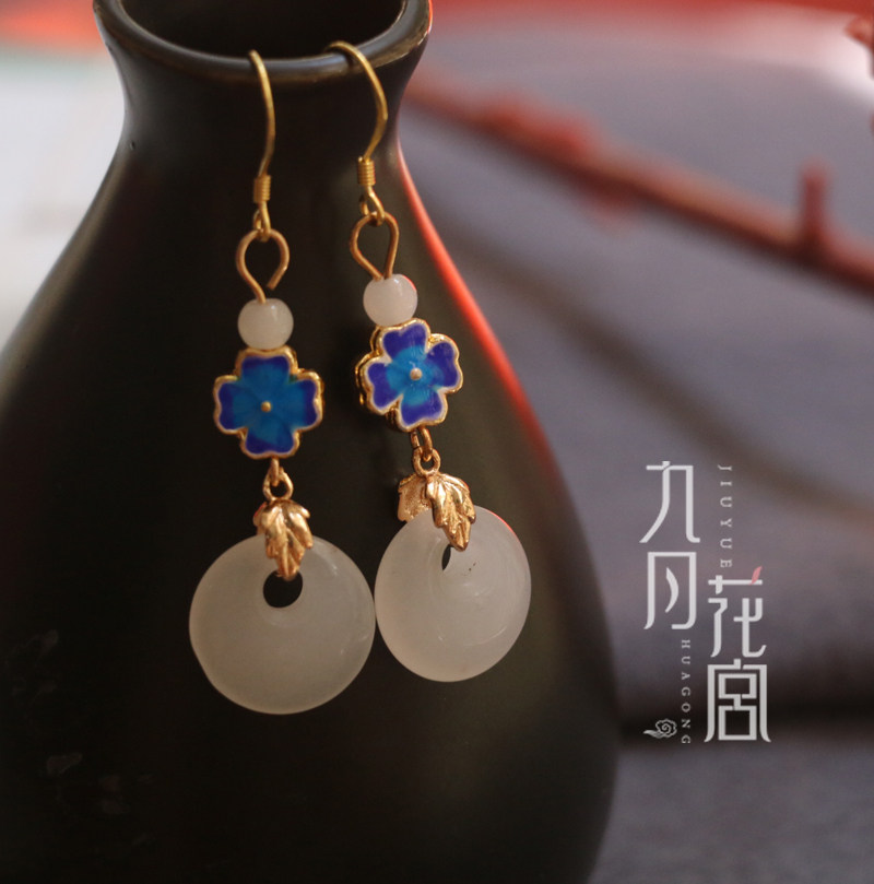 古典复古长款气质白玉圆圈耳环 古代宫廷烧蓝耳坠大气高级耳饰女