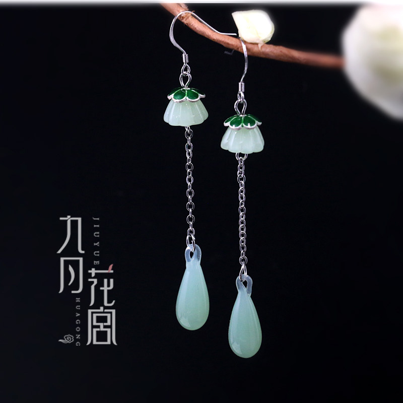 复古风古代绿色莲蓬花瓣耳环 古装长款气质百搭超仙琉璃水滴耳坠