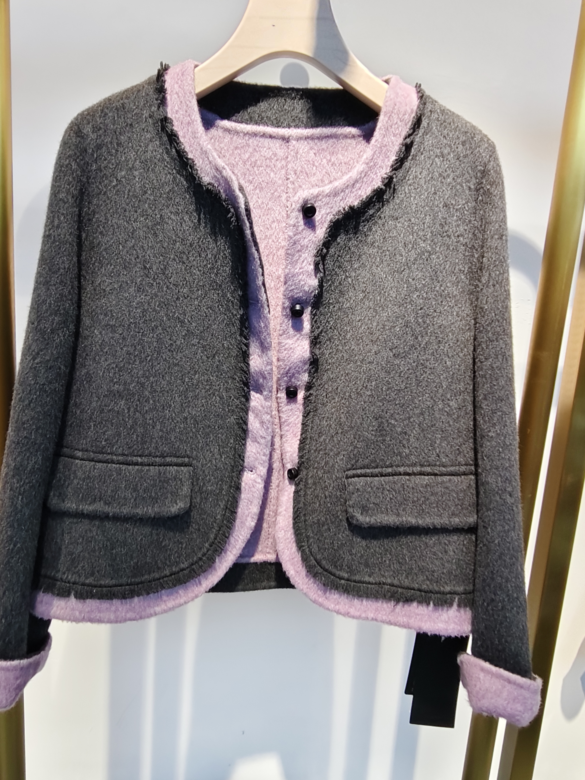 专柜正品Y78828原创设计洋气撞色假两件短款双面羊绒大衣2025冬女