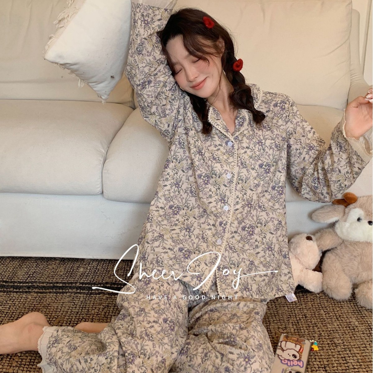 新款秋季睡衣女水洗棉麻韩版花边款女士家居服长袖长裤南湘