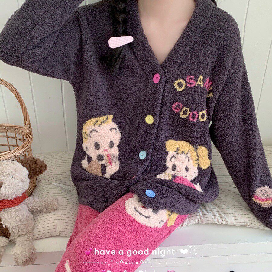Reefur Rinka梨花家新款半边绒女加厚V领汉堡可乐长袖套装家居服