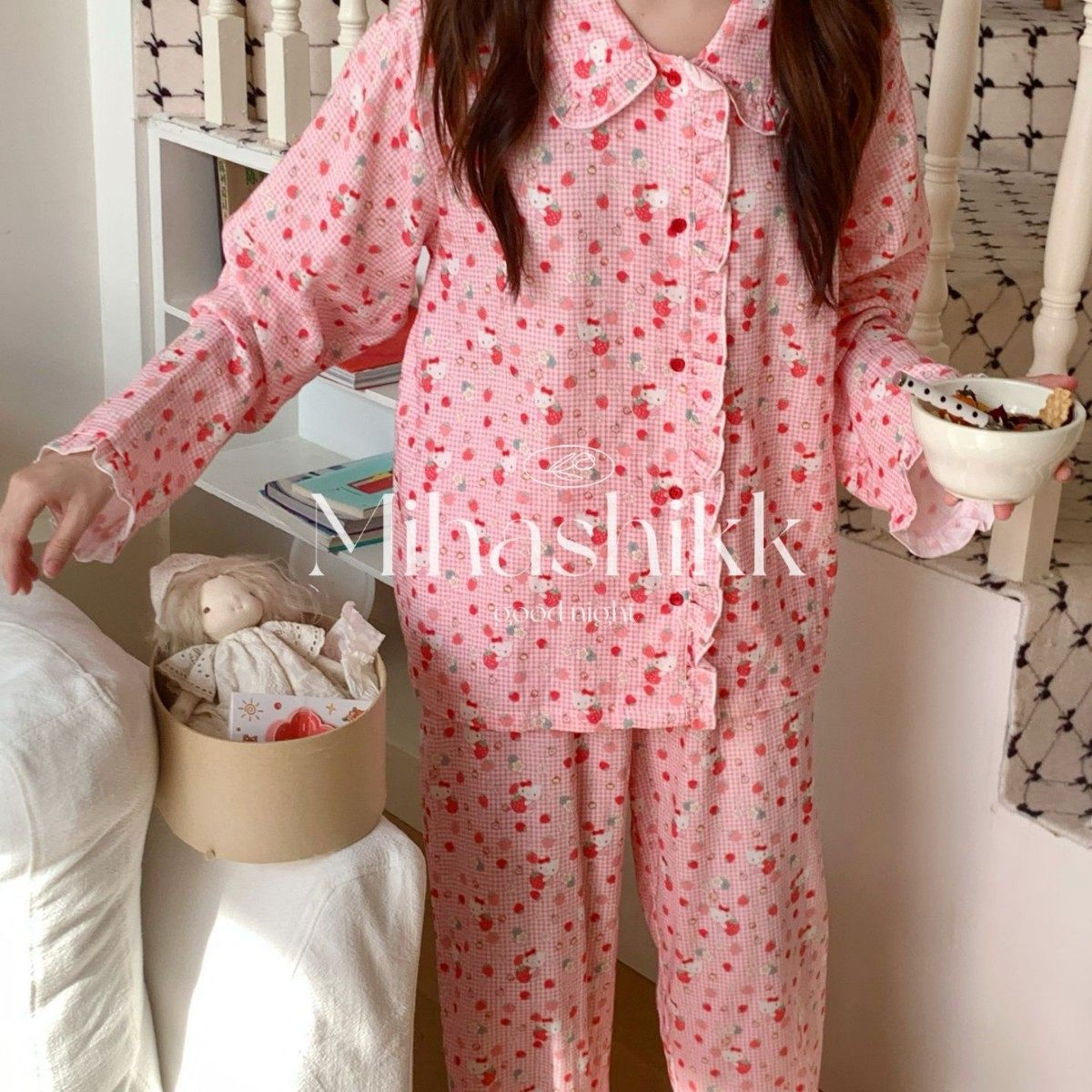 Mihashikk草莓Kitty纯棉双层纱布花边领睡衣女长袖家居服春季,女士内衣/男士内衣/家居服,睡袍/浴袍,淘宝优惠券,粉丝福利购,淘宝优惠卷