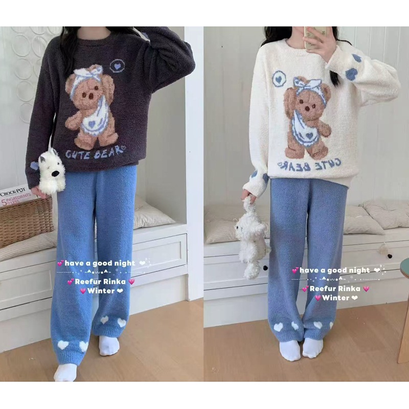 萌萌小蓝熊！梨花家秋冬新款休闲宽松外穿保暖软绵绵家居服女睡衣