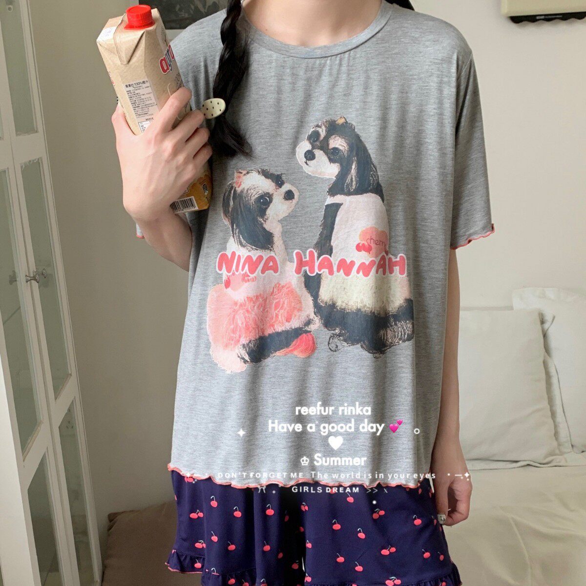 Reefur Rinka梨花家新睡衣女莫代尔卡通印花马尔济斯短袖短裤套装