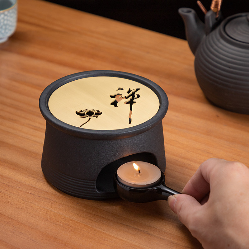 窑变黑砂日式温茶器蜡烛底座陶瓷茶壶花茶加热保温暖茶炉茶具铜垫