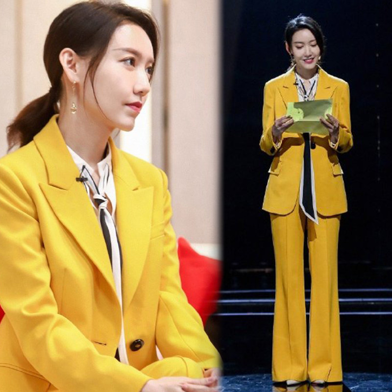 职业正装气质女神范黄色高级感炸街时尚港风主持人上镜西装套装女
