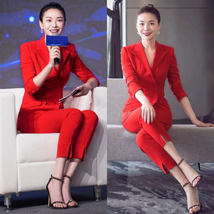 红色西装 高级感职业装 套装 双排扣时尚 两件套 女春秋款 开叉九分裤