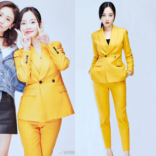 套装 西服外套九分裤 女气质修身 时尚 两件套 女神范韩版 黄色职业西装