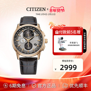 西铁城官方旗舰店电波复古休闲运动简约皮带光动能男士手表AT8113