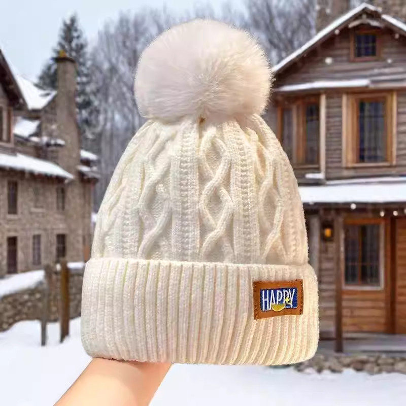 冬季女帽子加绒保暖毛线帽白色时尚女士针织毛球帽防寒加厚大头围