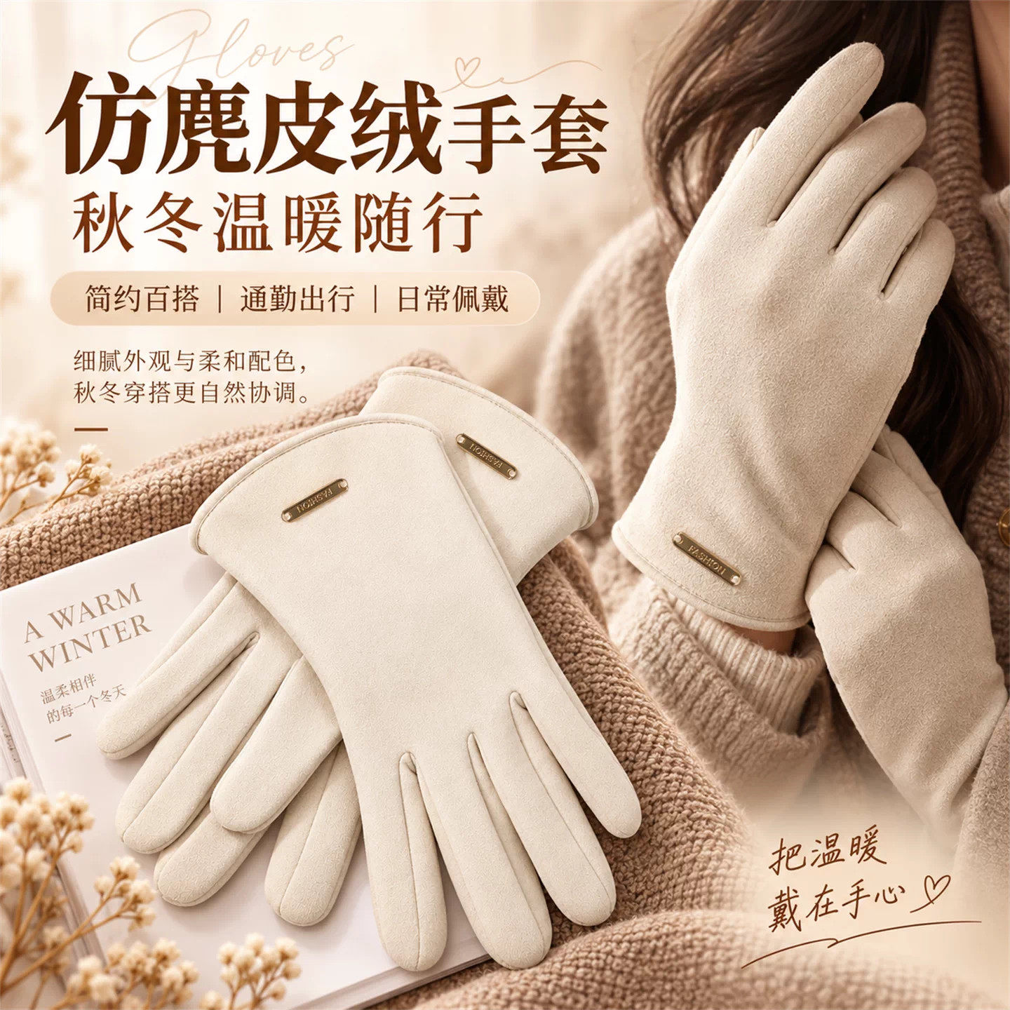手套冬天女可爱仿麂皮防风开车手套秋冬季加绒保暖骑车露指触摸屏