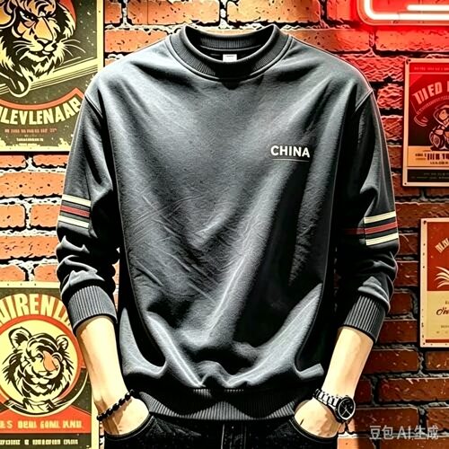 秋季男士圆领加绒卫衣CHINA字母印花潮流宽松休闲套头上衣长袖衫