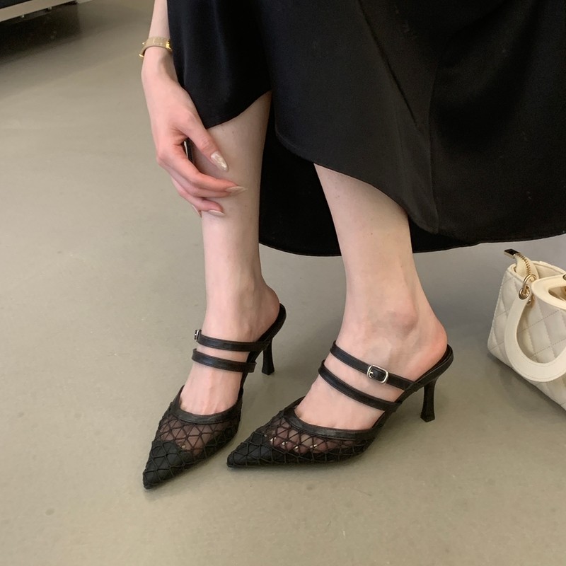 26春新款气质百搭尖头包头网纱凉鞋女夏细跟浅口双带扣黑色高跟鞋,女鞋,时装凉鞋,淘宝优惠券,粉丝福利购,淘宝优惠卷