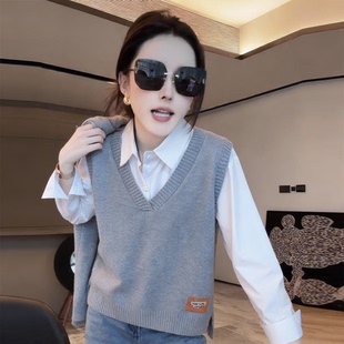 2026春秋款叠穿新款两件套针织毛衣马甲女装背心韩版百搭外穿外套