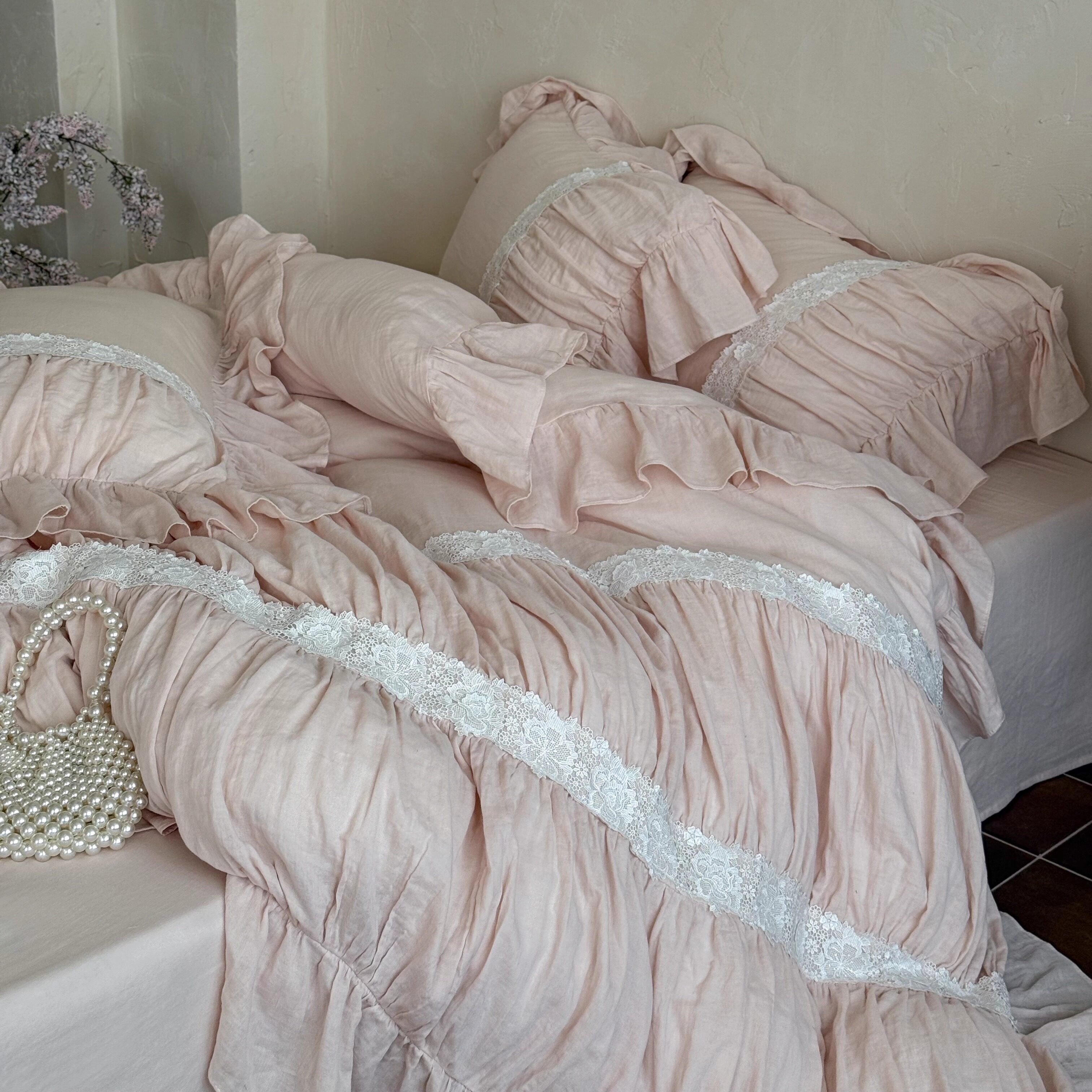 法式全棉双层纱床单四件套柔软荷叶边纯棉被套少女心韩系床品