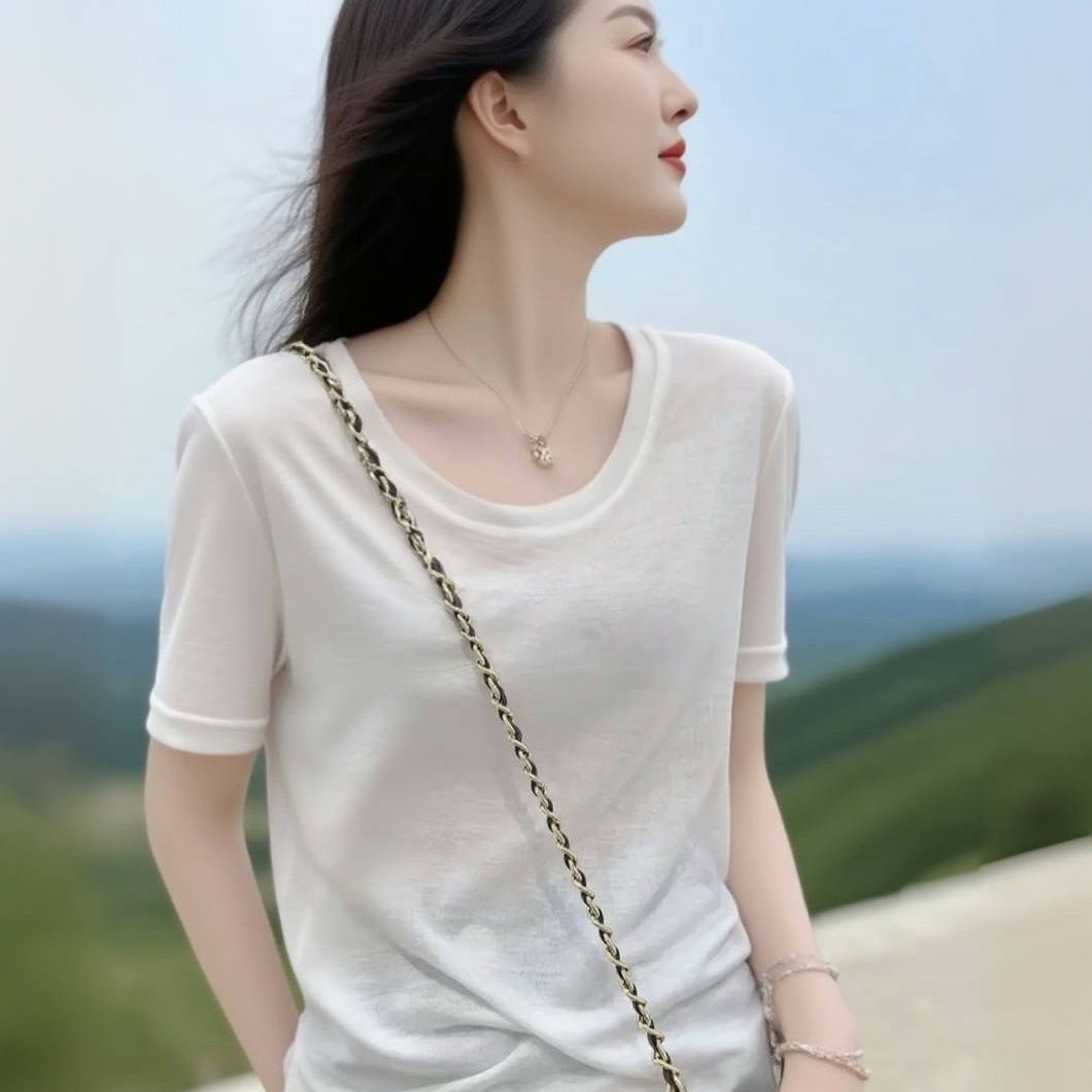 天丝雪花棉轻薄短袖面膜T恤女款2025新款爆款休闲百搭垂感上衣