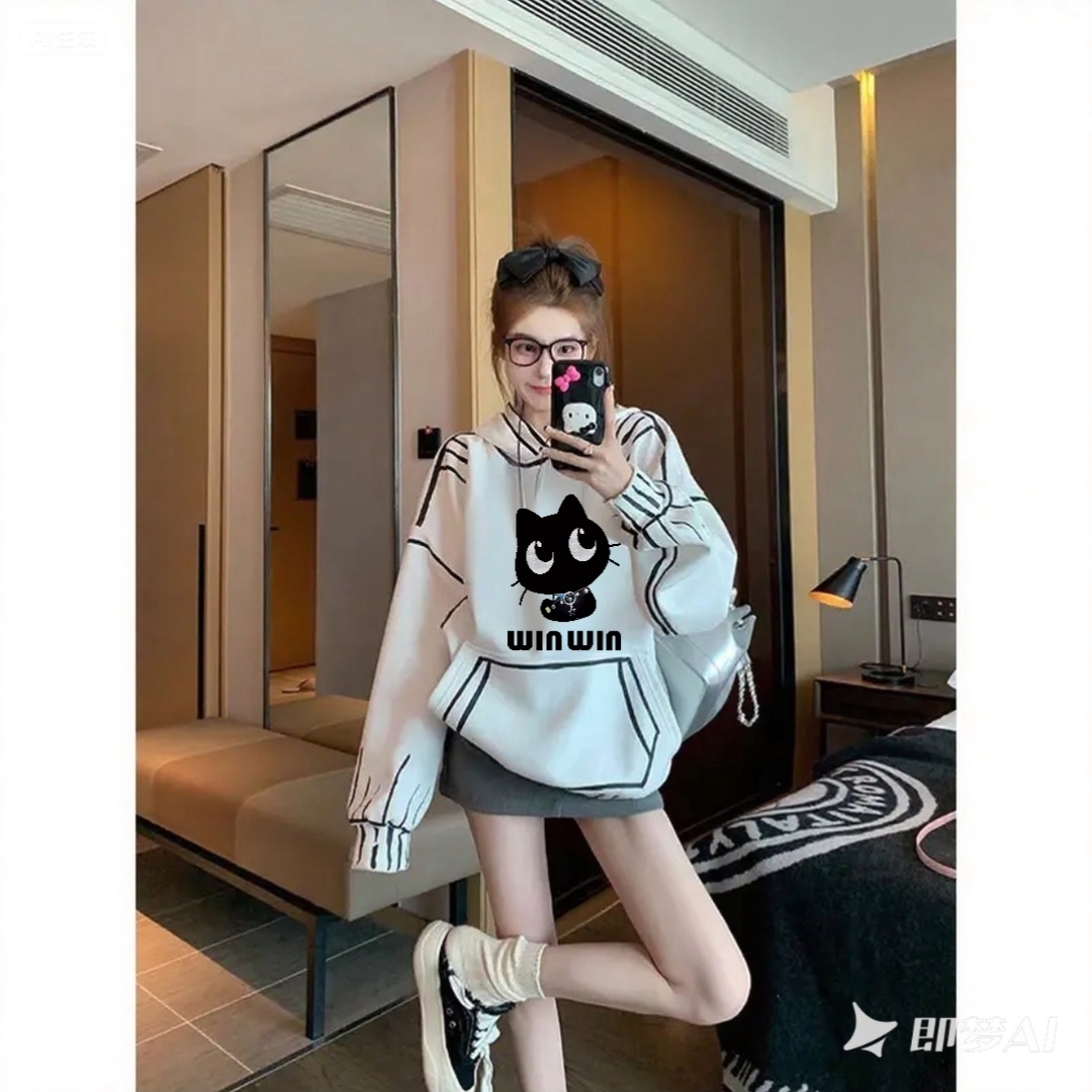 琳丽人美式复古卡通猫咪印花连帽卫衣女秋冬新款宽松加厚外套