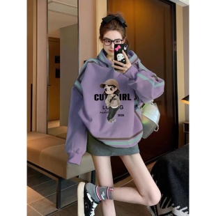 紫色连帽卫衣女2026新款秋冬卡通印花气质中长款加绒加厚套头上衣