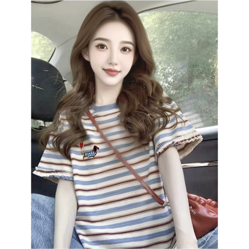韩系条纹小狗印花宽松显瘦T恤女