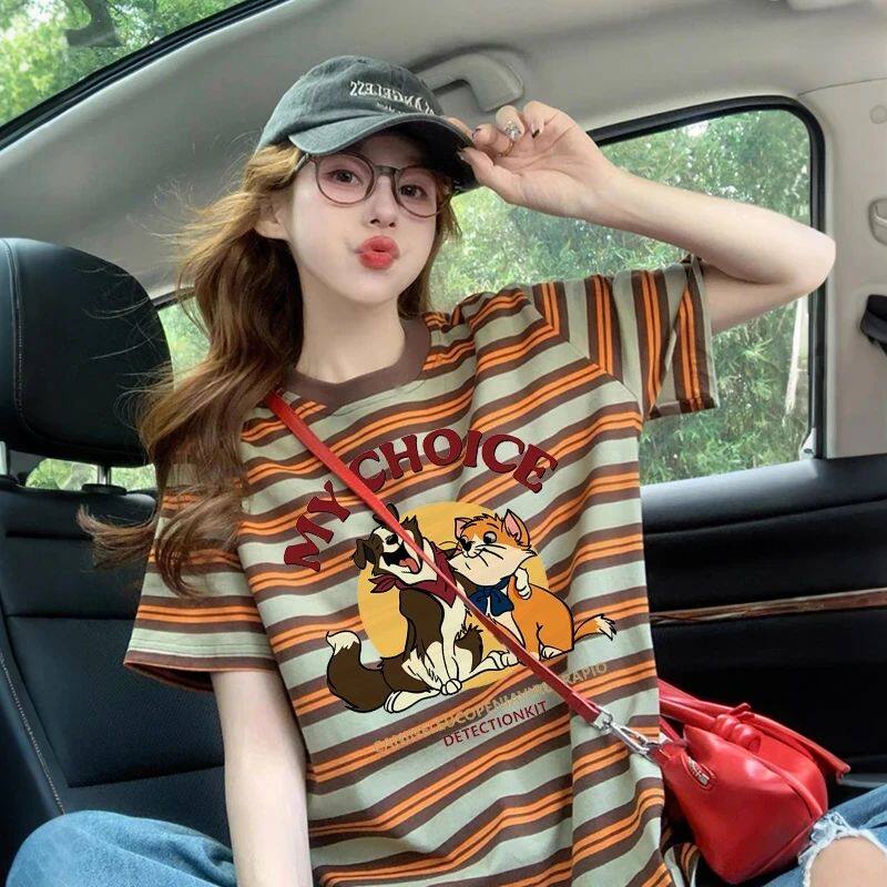 美式条纹卡通印花短袖T恤女20T恤