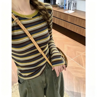撞色条纹长袖t恤女2026新款春秋季美式卡通设计感宽松打底衫上衣