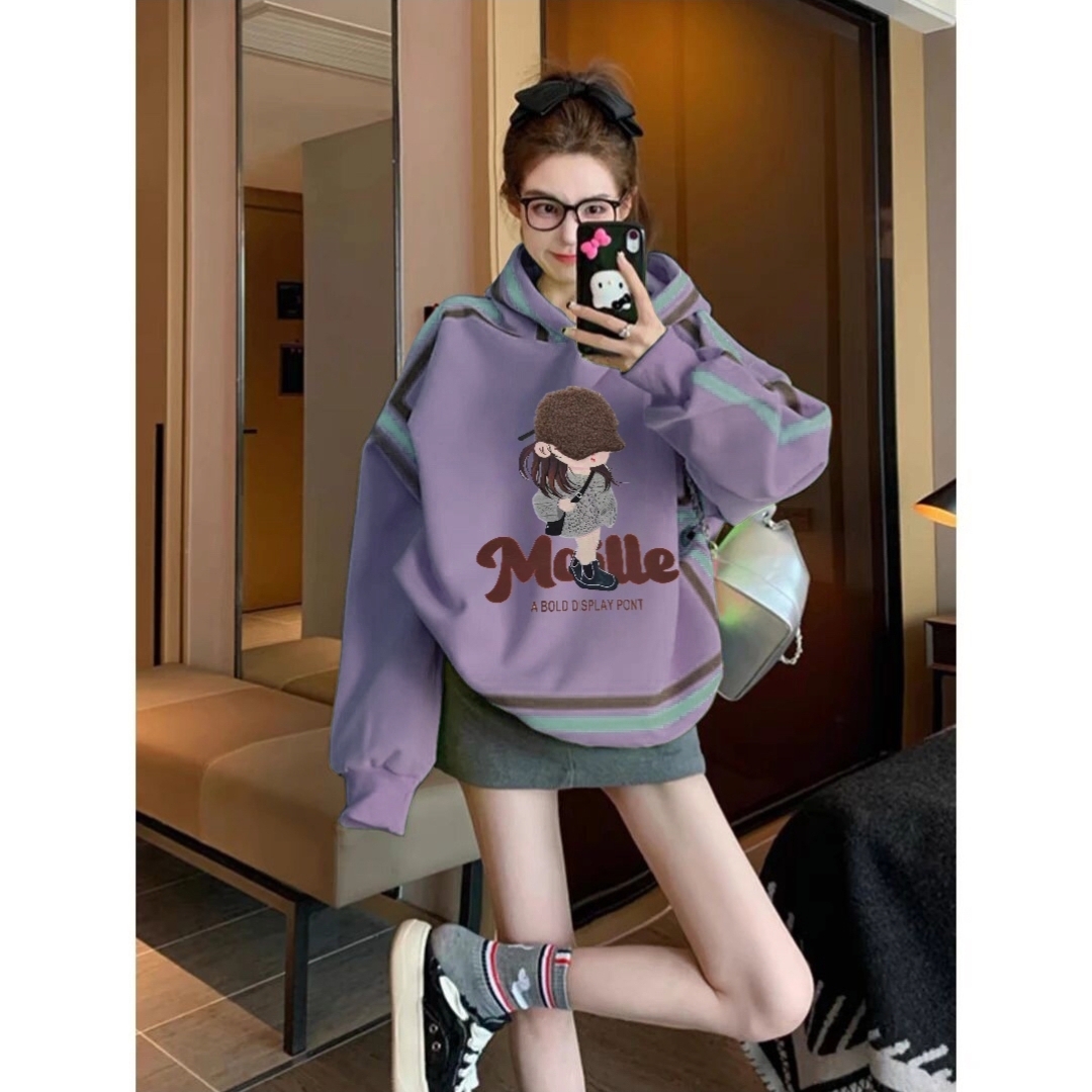 紫色连帽卫衣女2025新款秋冬卡通印花中长款加绒遮肉显瘦套头上衣