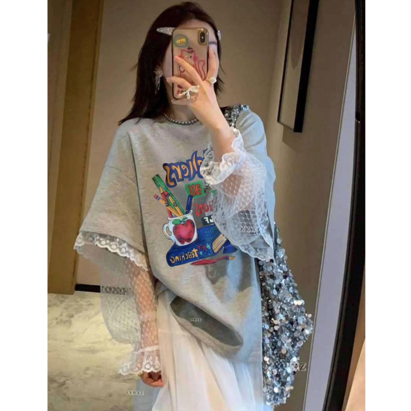 韩国东大门蕾丝拼接短袖T恤女2026夏季新款大码休闲洋气圆领上衣