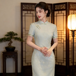 提花改良小个子中式旗袍春季2026新款日常可穿年轻款蓝色夏季低领