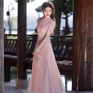 新中式 女国风复古显瘦连衣裙春夏长款 旗袍 粉色改良年轻款 斜襟新款