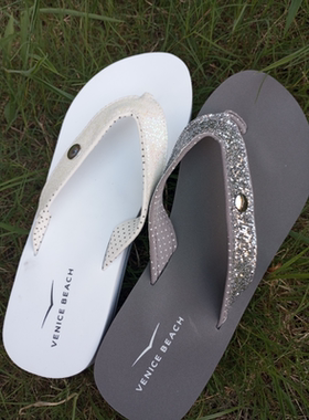 大脚大码外贸原单人字凉拖鞋女亮片人字拖度假海边沙滩41424344码